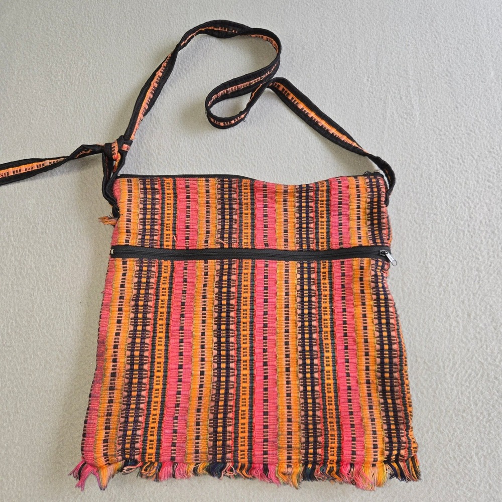 Unbranded Woven Crossbody Bag Unisex Medium Pink Orange Striped Boho Frayed Trim